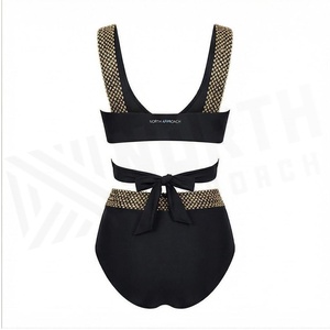 Ensemble bikini 2 pièces noir pour femme NORTH APPROACH avec bordure à paillettes dorées, haut croisé à bretelles et bas taille haute - Product Image 2