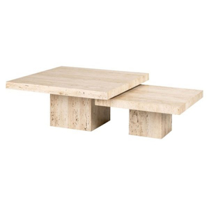 Table basse gigogne moderne minimaliste de style mid-century, faite à la main, écologique, en marbre avec plateau en bois, meubles de salon - Product Image 1