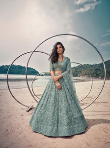 <b>Green</b> <b>Silk</b> Simple Beaded Embroidered Strapless Floor-Length A-Line Lehenga Choli Bridal Wedding Dress Handmade Special Occasion - Product Image 1