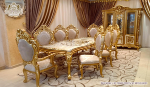 ชุดเฟอร์นิเจอร์ห้องรับประทานอาหารสุดหรูสไตล์ฝรั่งเศส ทำจากไม้สัก งานแกะสลักด้วยมือแบบคลาสสิก 9 ชิ้น โต๊ะรับประทานอาหารสีเงินรอยัล 8 ที่นั่ง - Product Image 6