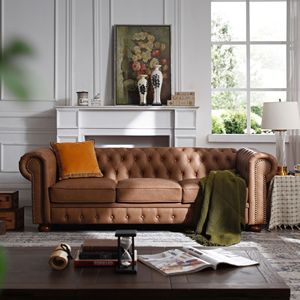 Classico divano in ecopelle marrone Chesterfield per soggiorno - Product Image 1