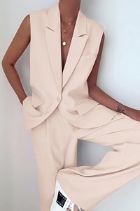 Women's Sleeveless <b>Blazer</b> <b>Set</b> Loose Fit Wide Leg Pants Two Piece Suit Casual Spring Summer Solid Color Woven Fabric - Product Image 5