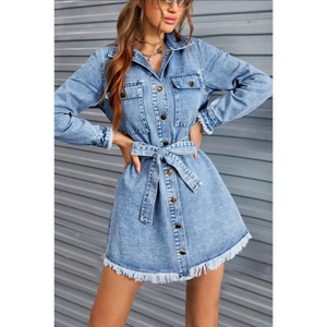 ชุดเดรสเชิ้ตยีนส์แขนยาวติดกระดุมสำหรับผู้หญิงพร้อมชายเสื้อแบบรุ่ย - Product Image 1
