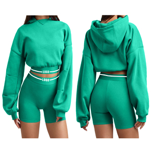 Conjunto Deportivo de 2 Piezas para Mujer, Sudadera Corta con Capucha y Pantalones Cortos, Corte Regular, Color Sólido, Bolsillos, Felpa Ecológica, Primavera - Product Image 2