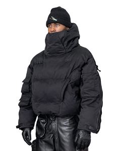 Veste d'hiver rembourrée légère noire de haute qualité avec capuche, fermeture éclair, masque intégré, plusieurs poches, logo personnalisé, pour homme - Product Image 2