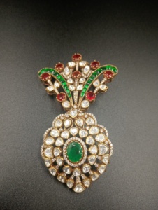 <b>Gold</b> Plated Flower Brooch with Green doublet stone and Red doublet stone for Women Party Jewelry unisex brooch kalangi for groom - Product Image 6