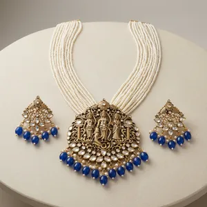 Ensemble de colliers Ram Darbar plaqué or, bijoux de temple avec perles roses et violettes, collier de perles, bijoux de mariage traditionnels indiens - Product Image 3