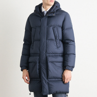 Veste d'hiver pour homme, longue, à capuche, rembourrée en coton, coupe-vent, col montant épais, fermeture éclair, motif camouflage, bleu marine sur le devant