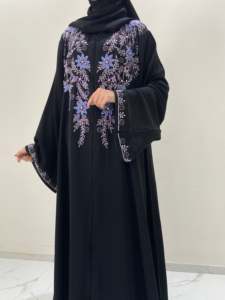 Modest Islamic Elegant Breathable Handmade <b>Black</b> Beaded Polyester Abaya Loose Long Sleeve <b>Floor</b> <b>Length</b> Modest Evening Party wear - Product Image 4