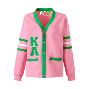 Suéter tipo cárdigan rosa y verde con letras de chenilla y mangas a rayas, regalo para hermana de hermandad, colores distintivos. - Product Image 1