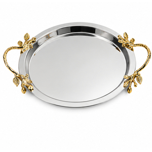 Luxury Stainless Steel Hammered <b>Decorative</b> Serving Tray With <b>Gold</b> Plated Twig Handles Round Metal Platter For <b>Living</b> <b>Room</b> - Product Image 4