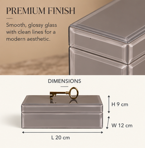 Taupe Grey Glass Jewelry Storage Box with <b>Gold</b> Key Handle Glossy Finish Soft Lining Decorative Keepsake and Vanity Organizer - Product Image 4