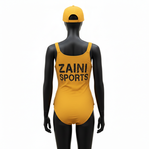 Maillot de bain une pièce pour femme en nylon et élasthanne extensible, couleur moutarde, avec empiècements à poches utilitaires et logo personnalisé sérigraphié - Product Image 2