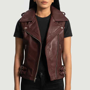 Chaleco de cuero para mujer, color granate, informal, sin mangas, con cuello en V, cremallera, secado rápido, con bolsillos, top de otoño, chaleco de motociclista de moda, superventas, prenda exterior - Product Image 1