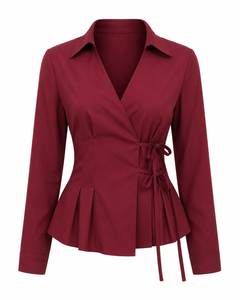 Blusa a rayas con lazo para mujer, manga larga, cuello camisero, con botones, para oficina, corte regular, tela popelina - Product Image 2