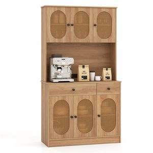 Dispensa in Teak Stile Boho Naturale a 6 Ante con Porte in Rattan PE Moderno e Stazione di Ricarica Integrata, 2 Prese AC e 2 Porte USB - Product Image 1