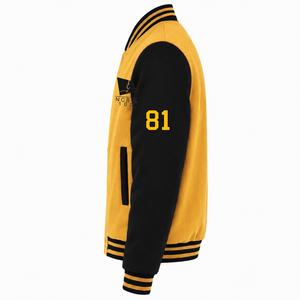Veste universitaire personnalisée NCBW Coalition noire et or, manches longues, fermeture éclair sur le devant, col à bande, logo brodé, coton - Product Image 4