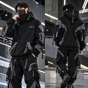 เสื้อฮู้ดดี้ทรงโอเวอร์ไซส์ คอสูง ดีไซน์ทันสมัย สไตล์เทคแวร์ สายปรับได้ แต่งแขนเสื้อแบบเลเยอร์  พร้อมลายปัก กันน้ำ - Product Image 4