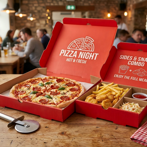 Cajas de envío con compartimento lateral para pizza y guarniciones, caja para pizza con divisor, impresión CMYK. - Product Image 3
