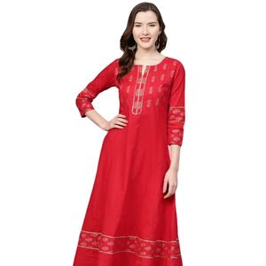 Kurta Anarkali Roja de Algodón con Estampado Floral para Mujer, con Cuello en V y Mangas Tres Cuartos, Diseñada para Uso Casual Étnico Global - Product Image 1