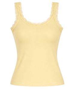 Camisola de Algodón Personalizada para Mujer, Color Amarillo Pastel, con Ribete de Encaje, Corte Ajustado, Sin Mangas, Estilo Casual de Verano, Suave y Transpirable - Product Image 1