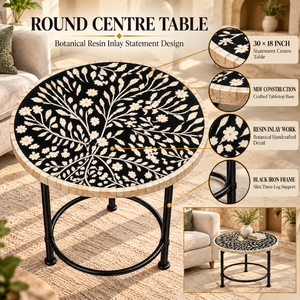 Table basse ronde botanique avec incrustation florale en résine |   Table d'appoint de salon moderne de luxe artistique avec plateau en MDF et structure en fer noir - Product Image 5