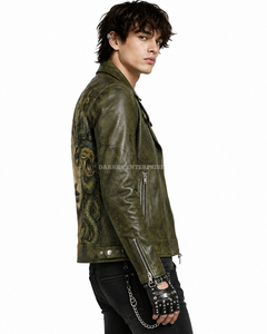 Chaqueta de Cuero Verde Oliva Personalizada al por Mayor para Hombre, Estilo Motero, con Gráfico de Medusa, Estampado Punk Rock, Chaqueta Moto con Medallón Grabado, Prenda Exterior - Product Image 3