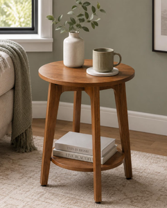 Mid Century Modern Solid Wood <b>Round</b> <b>Side</b> <b>Table</b> 2 Tier Storage Shelf Splayed Leg Coffee Stand Living Room Furniture Wholesale - Product Image 1