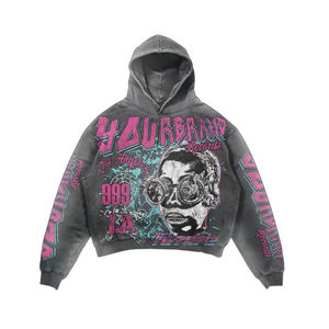 Sweat à capuche oversize tendance pour homme en molleton bouclette avec impression personnalisée, effet déchiré et coupe streetwear. - Product Image 2