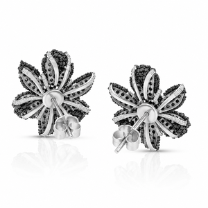 Boucles d'oreilles clous florales en diamant noir naturel, taille ovale, plaqué rhodium, style classique, cadeau pour femme pour mariage ou fête, 10K 14K 18K - Product Image 4