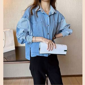 Women Shirt Casual Long Sleeve Denim Patchwork Shirts Women's Blouse Clothes Loose Loose Comfortable <b>Tops</b> Fashion Female Shirt - Product Image 2