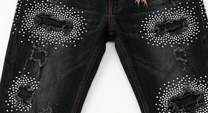 Men's Slim Dark Mid Waist Summer Ripped Denim Jeans Vintage <b>Boot</b> Cut Washed Cotton Lightweight Front Studded Streetwear <b>Pants</b> - Product Image 4