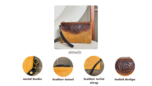 High Quality Hand Tooled Leather Clutch Large Capacity Multi-Functional Genuine Cowhide Leather Fashionable <b>Wristlet</b> <b>Wallet</b> - Product Image 3