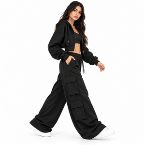Conjunto de dos piezas casual para mujer: Sudadera con capucha corta negra y pantalones cargo de pierna ancha, estilo urbano de ajuste holgado con cordón y manga larga. - Product Image 2