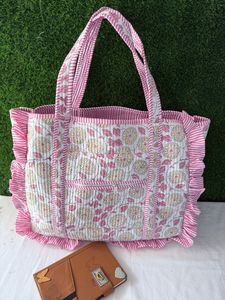 Designer yellow <b>patchwork</b> quilted tote <b>bag</b> with frill pure cotton reusable fashion shopping shoulder carry handbag premium quali - Product Image 3