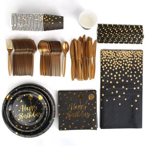 Set di Stoviglie Monouso Nero e Oro da 201 Pezzi per Feste di Compleanno, per 25 Ospiti, Piatti e Bicchieri di Carta da 9OZ, Cannucce per Celebrazioni - Product Image 1