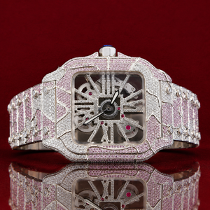 Iced Out Hip Hop Moissanite Diamond Skeleton <b>Automatic</b> Watch for Men | Full Pave Pink & White Stone Luxury Mechanical <b>Wristwatch</b> - Product Image 1