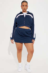 Ensemble sweat à capuche court zippé bleu marine et short pour femme, manches longues, taille élastique, tenue sportive décontractée deux pièces, streetwear - Product Image 6