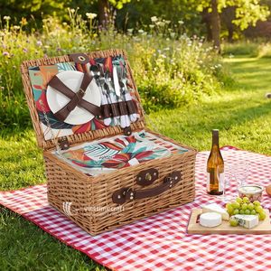Rattan Picnic Hamper Suitcase, Luxury <b>Wicker</b> Picnic Basket with Integrated Insulated Cooler <b>Bag</b>, Sustainable Outdoor Dining Set - Product Image 2