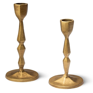 Antique Gold Taper Candle Holders, Heavy Duty <b>Cast</b> Iron Set of 2 Candlestick Holder Elegant Geometric Centerpiece - Product Image 1