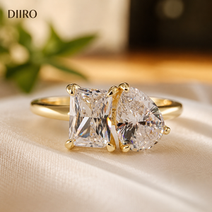 Bague de mariage plaquée or jaune de qualité supérieure, diamant taille poire et émeraude, bague de fiançailles et de promesse, bijoux personnalisés - Product Image 1