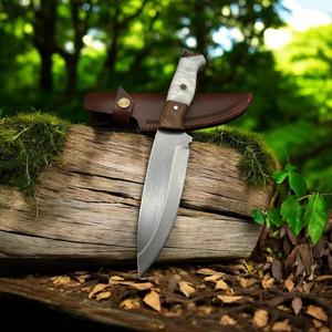 Cuchillo de hoja fija para exteriores, de acero de Damasco con acabado stonewashed, punta caída, mango de madera y hueso, grado industrial, para camping, OEM - Product Image 4