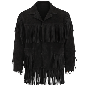 Top Quality Men’s Premium Blue <b>Suede</b> Fringe <b>Jacket</b> Western Cowboy Tassel Leather Style Coat Turn down Collar Zipper Closure - Product Image 3