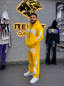 Conjunto Deportivo Amarillo con Capucha para Hombre, Pantalones y Sudadera Largos de Algodón con Franja Blanca y Estampado de Letras, Ropa Urbana para Otoño - Product Image 2