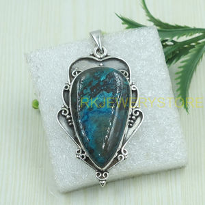 Pendentif en Azurite Chrysocolle Naturelle, Argent Sterling 925, Fait Main, Forme Bouclier Vintage, Bijou Bohème Tendance, Cadeau pour Femme et Homme - Product Image 3
