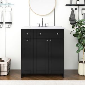 Lavanderia da bagno nera da 30 pollici con lavandino in ceramica combinato a doppio livello cassetto profondo e 2 porte Soft-Close abbondante armadio di stoccaggio - Product Image 3