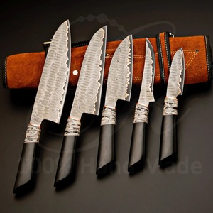 Custom Handmade 5-Piece Chef <b>Set</b> in Copper Damascus Steel with Copper & Resin Handles Leather Sheath-<b>Sharp</b> <b>Knives</b> Ambidextrous - Product Image 6