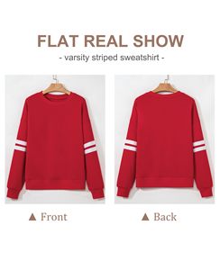 Sudadera Roja Extra Grande para Mujer con Cuello Redondo y Mangas con Rayas Blancas, Color Sólido, Tejida, Manga Larga, Ropa Casual de Otoño - Product Image 4