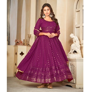 Superbe robe Anarkali pour femme en georgette violette, manches 3/4, semi-couturée, idéale pour les mariages et les occasions festives - Product Image 1