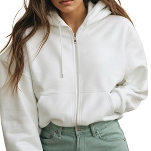 Sudadera Corta con Capucha para Mujer, Color Negro Sólido, Transpirable, de Poliéster Tejido, con Cierre Frontal, Informal, de Manga Larga, para Invierno - Product Image 3